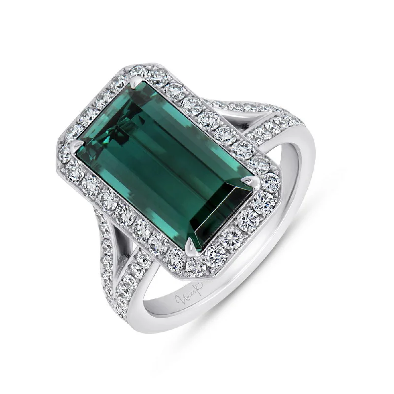 Ladies engagement rings platinum picks-Uneek Precious Collection Split-Shank Emerald Cut Green Tourmaline Engagement Ring