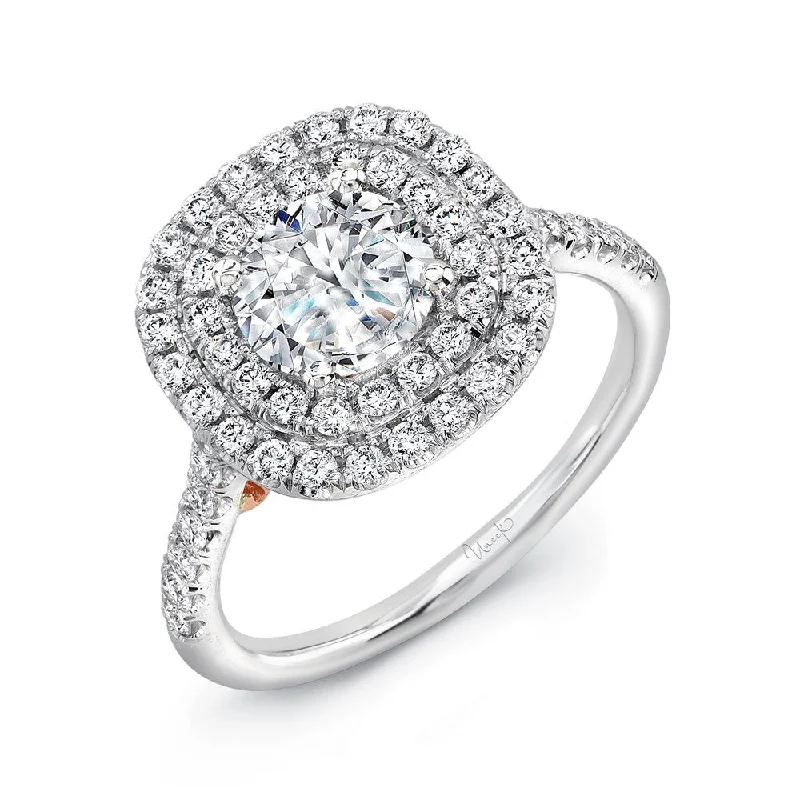 Ladies engagement rings round cut-Uneek Splendore Vintage-Inspired Round Diamond Double Halo Engagement Ring