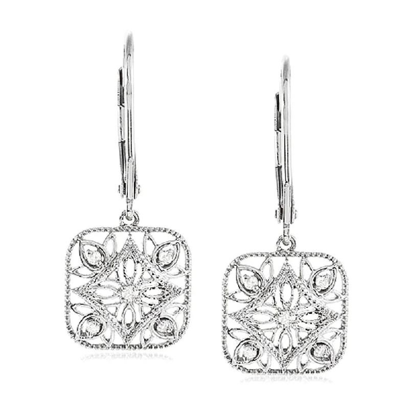 Ladies earrings heart shapes-Vintage Style Diamond Square Earrings in Sterling Silver