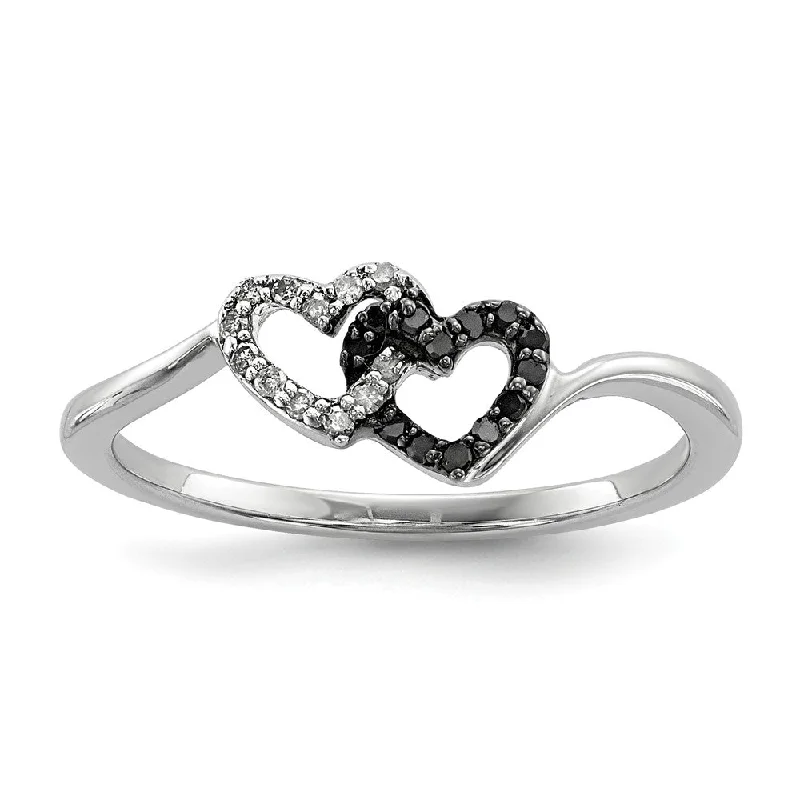 Ladies ring party wear-1/10 Ctw White & Black Diamond Double Heart Sterling Silver Ring