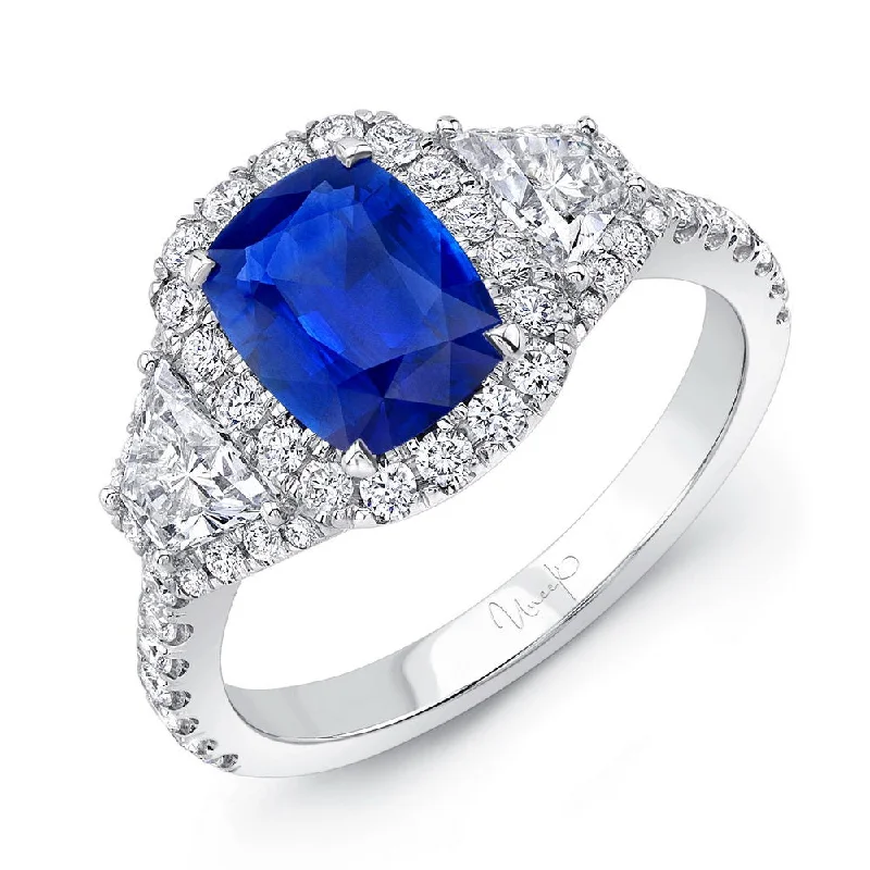 Ladies engagement rings large diamonds-Uneek Cushion Sapphire-Centered Three-Stone Engagement Ring with Trapezoid Diamond Sidestones