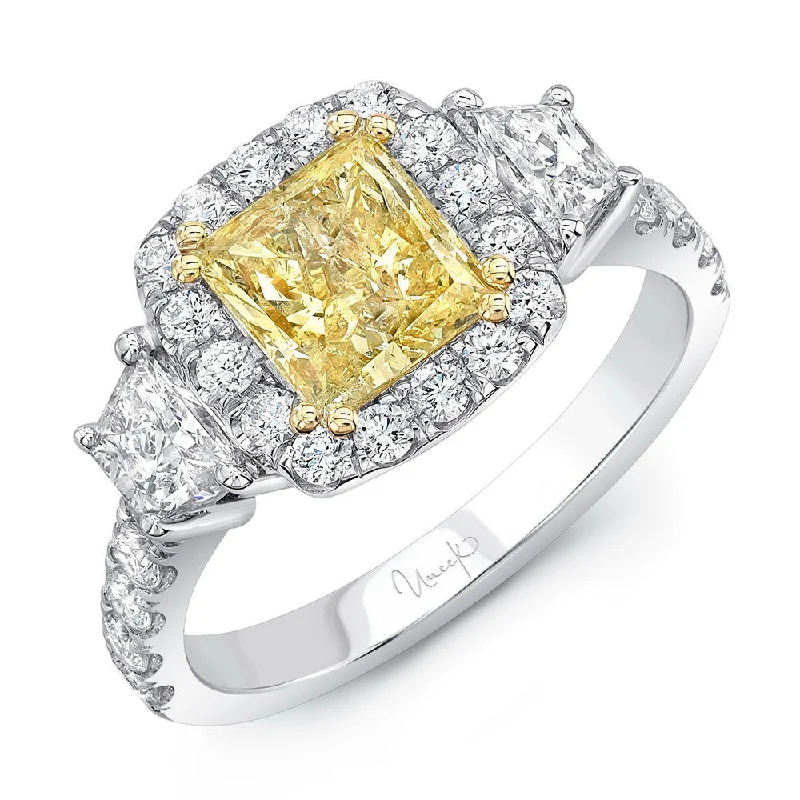 Ladies engagement rings gold styles-Uneek Contemporary Princess-Cut Yellow Diamond Center Three-Stone Engagement Ring