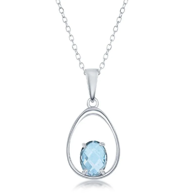 Ladies necklaces Mother’s Day-Sterling Silver Oval Blue Topaz Open Pear Shaped Necklace