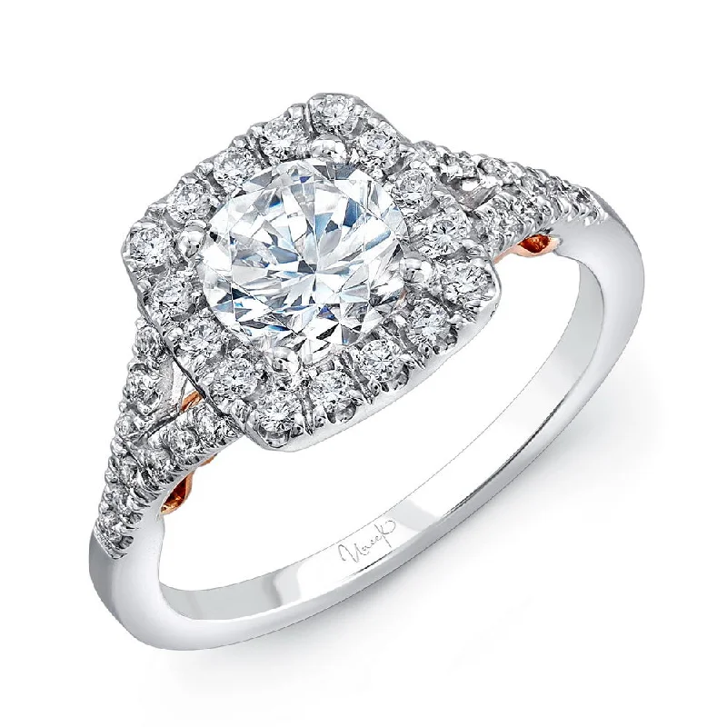 Ladies engagement rings fashion picks-Uneek Cancelli Round Diamond Engagement Ring with Cushion-Shaped Halo and Pave Split Shank