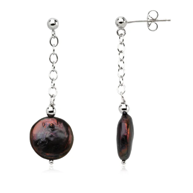 Ladies earrings colorful gems-12-13mm Black Freshwater Cultured Coin Pearl Sterling Silver Earrings