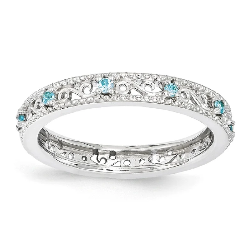 Ladies ring unique finds-3mm Sterling Silver Stackable Expressions Blue Topaz Scroll Band