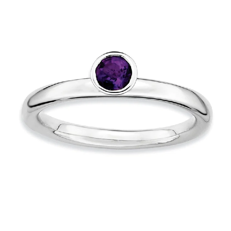 Ladies ring middle finger-Rhodium Plated Sterling Silver High Profile 4mm Amethyst Stack Ring