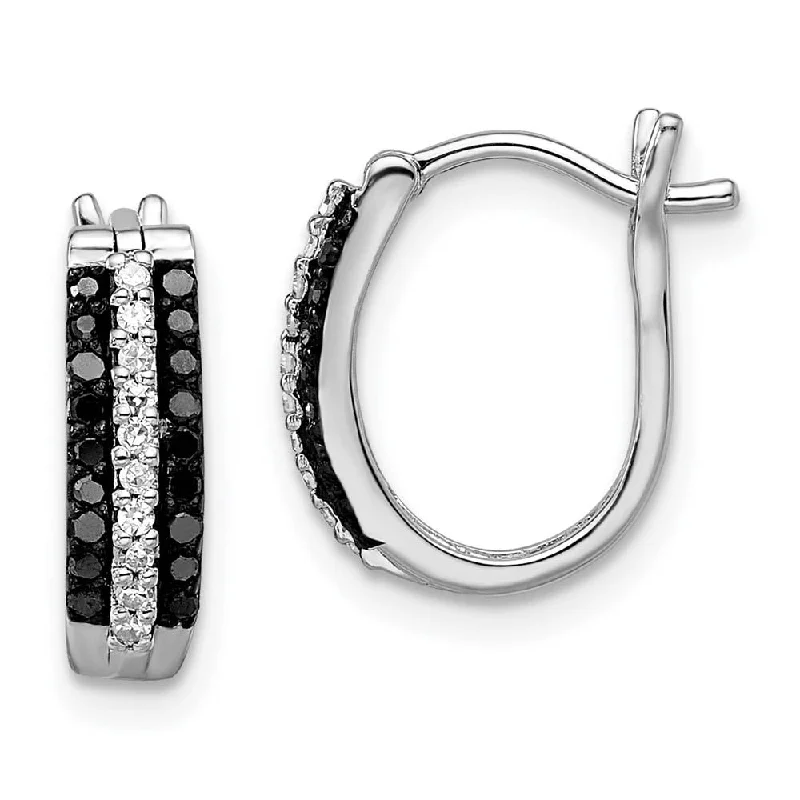 Ladies earrings ruby gems-Black & White Diamond Oval Hoop Earrings in Sterling Silver, 4 x 13mm