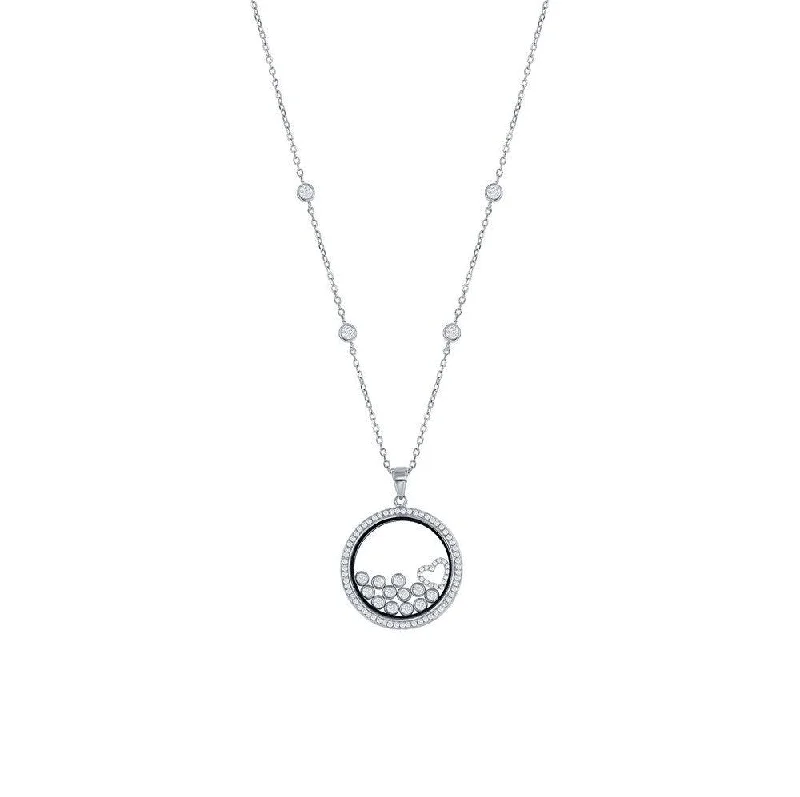 Ladies necklaces global brands-Sterling Silver CZ Floating Heart & Round CZ's in a Disc Necklace