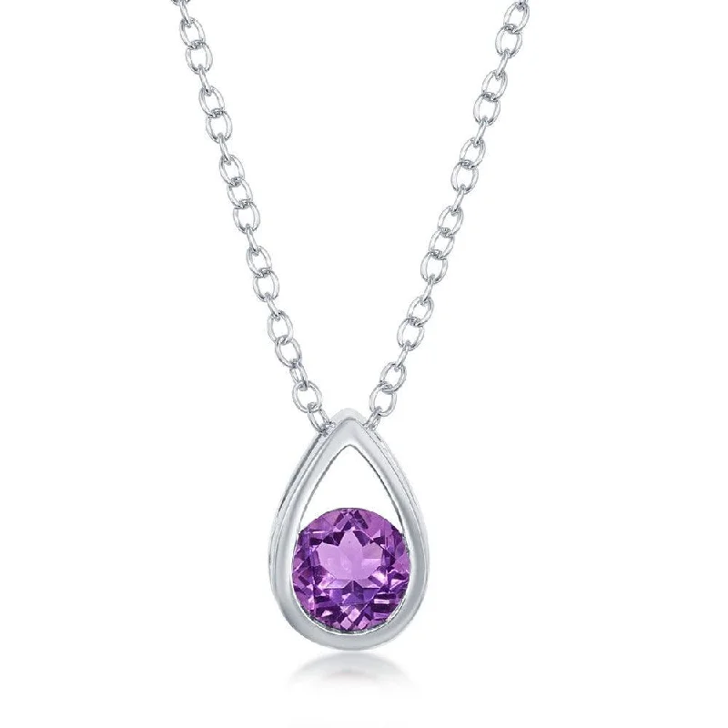 Ladies necklaces party wear-Sterling Silver Open Pear Shaped Round Amethyst Necklace