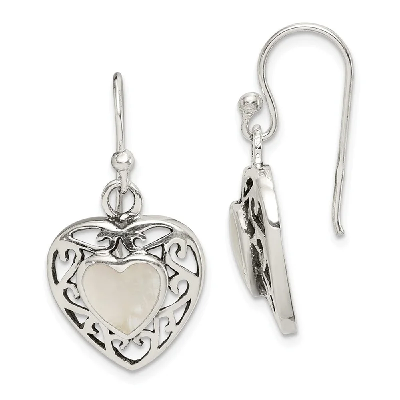 Ladies earrings youthful designs-14mm Mother of Pearl Heart Dangle Earrings in Antiqued Sterling Silver