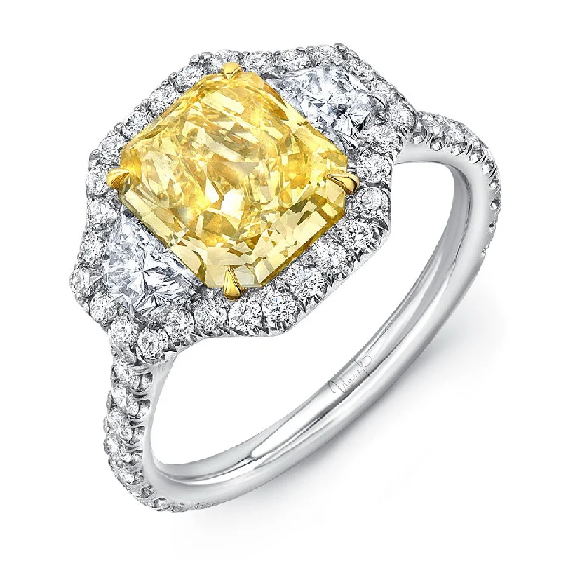 Ladies engagement rings punk flair-Uneek Radiant-Cut Yellow Diamond Center Three-Stone Engagement Ring with Pave Halo