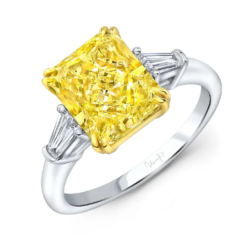 Ladies engagement rings cushion cut-Uneek Natureal Collection Three-Stone Radiant Yellow Diamond Engagement Ring