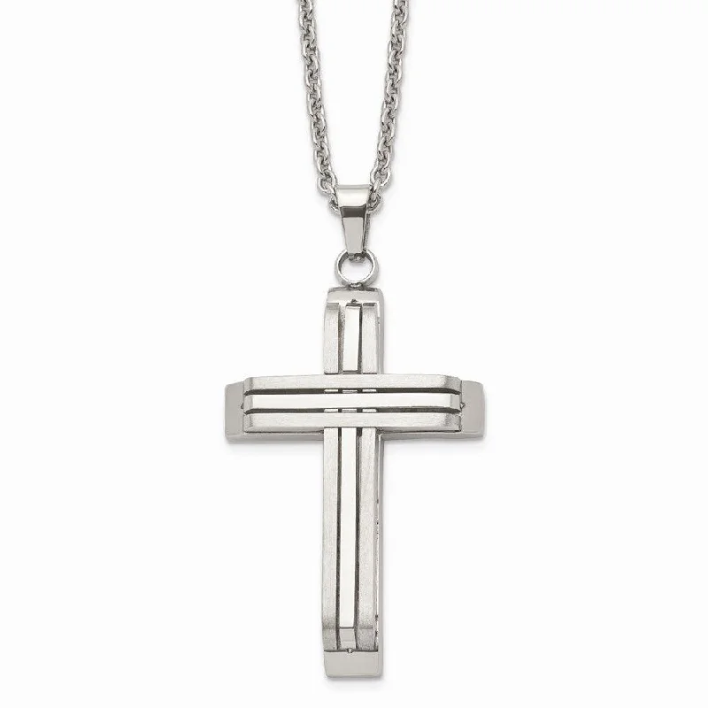 Ladies necklaces pearl strands-Stainless Steel Brushed and Polished Cross Necklace