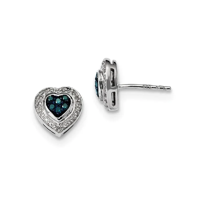 Ladies earrings daily wear-Blue & White Diamond 10mm Heart Post Earrings in Sterling Silver