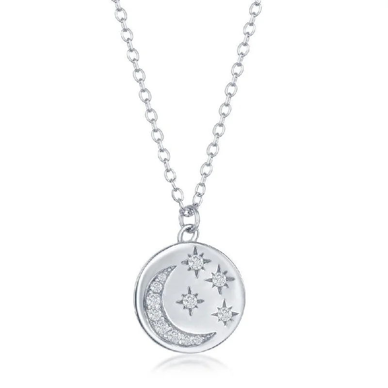 Ladies necklaces synthetic jewels-Sterling Silver Moon and Stars Cubic Zirconia Necklace