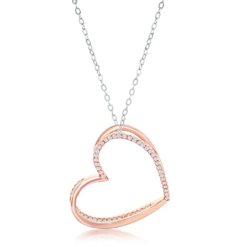 Ladies necklaces jade pendants-Sterling Silver 3D Heart with Half Micro Pave CZ Necklace