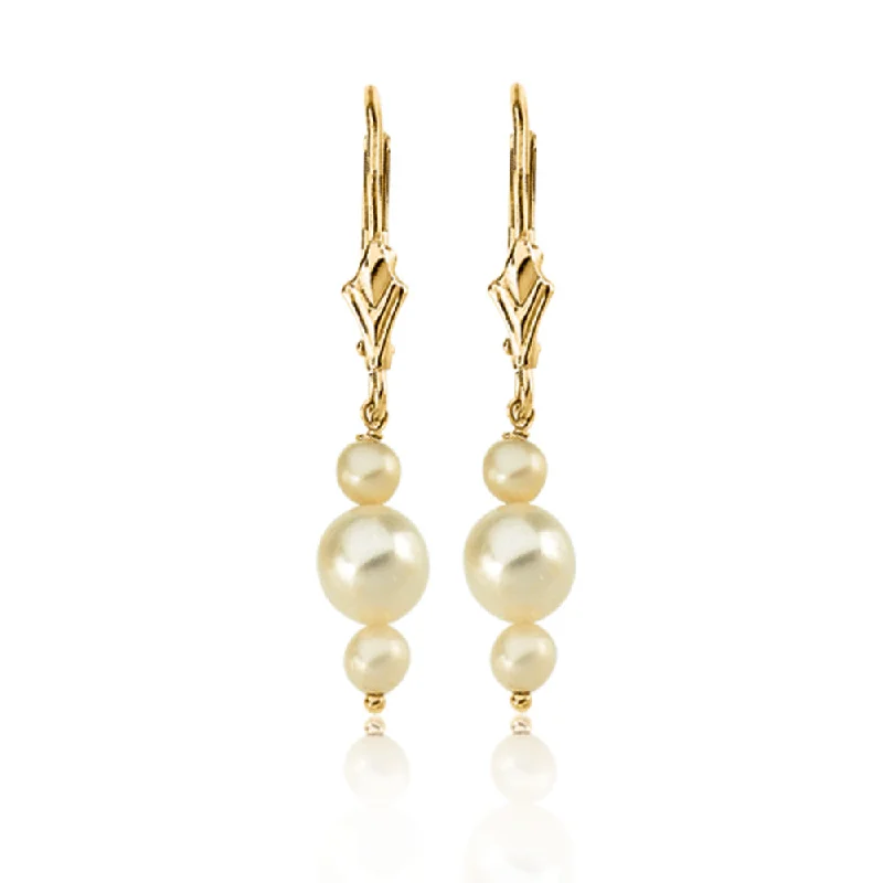 Ladies earrings star motifs-14k Yellow Gold Triple White Cultured Pearl Earrings, 30mm