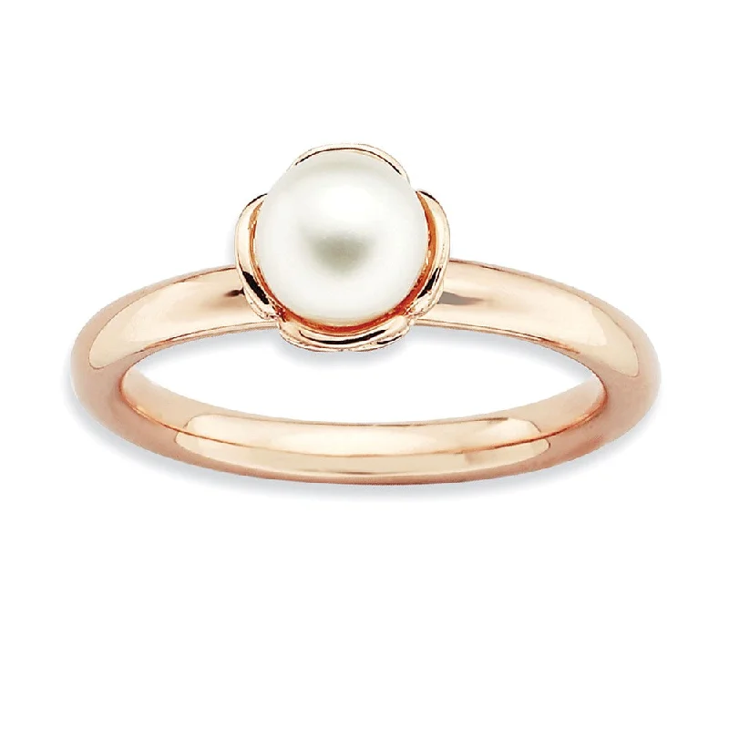 Ladies ring hypoallergenic-FW Cultured Pearl & 14k Rose Gold Plated Sterling Silver Stack Ring