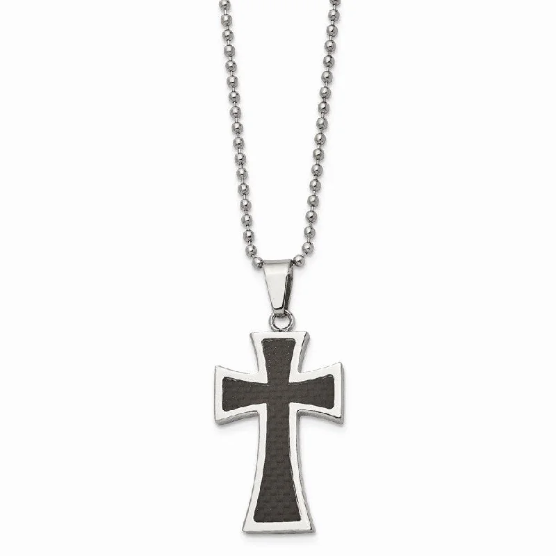 Ladies necklaces viral picks-Stainless Steel Polished Carbon Fiber Inlay 22in Cross Necklace