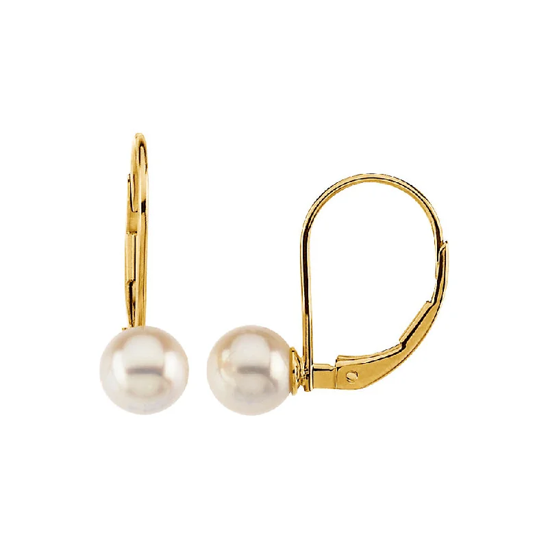 Ladies earrings titanium options-7mm Round Akoya Cultured Pearl Lever Back Earrings in 14k Yellow Gold