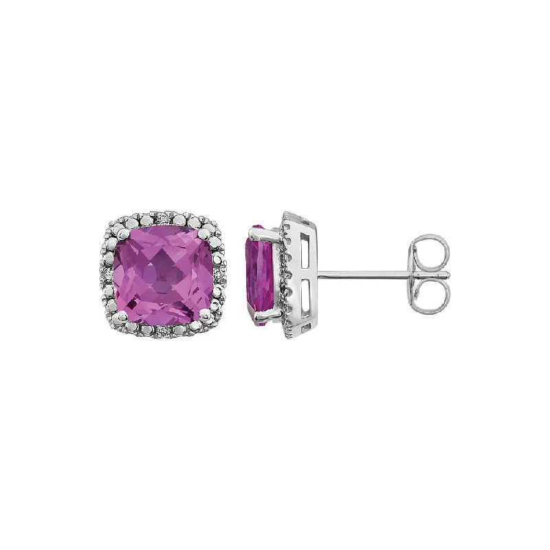 Ladies earrings floral designs-Created Pink Sapphire & Diamond 10mm Earrings in 14k White Gold