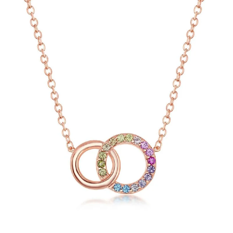 Ladies necklaces white gold-Sterling Silver Rainbow CZ Double Linked Circle Necklace - Rose Gold Plated