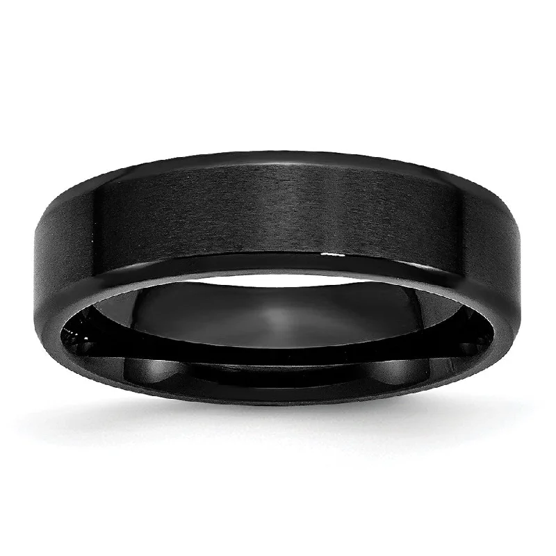 Ladies ring buying tips-6mm Black Plated Stainless Steel Brushed & Beveled Edge Band