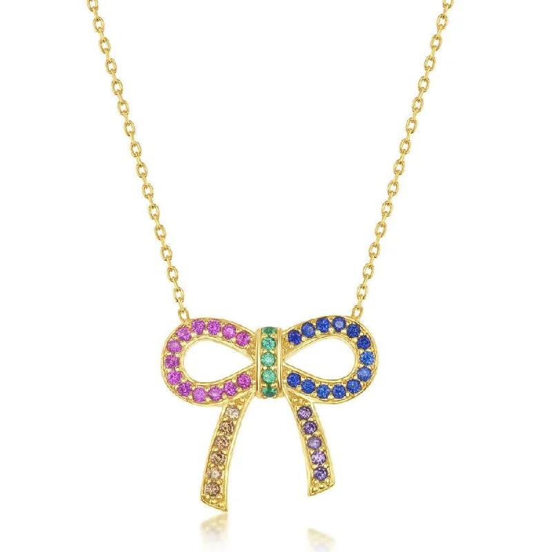 Ladies necklaces anniversary picks-Sterling Silver Gold Plated Rainbow CZ Bowknot Necklace