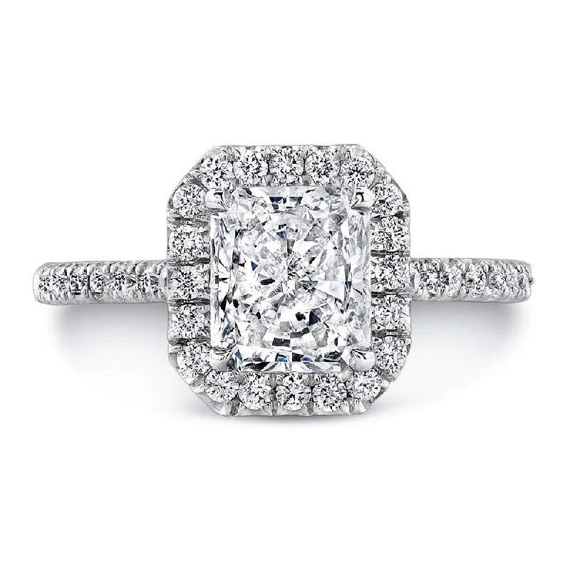 Ladies engagement rings silver tones-Uneek Classic Radiant-Cut Diamond Halo Pave Engagement Ring