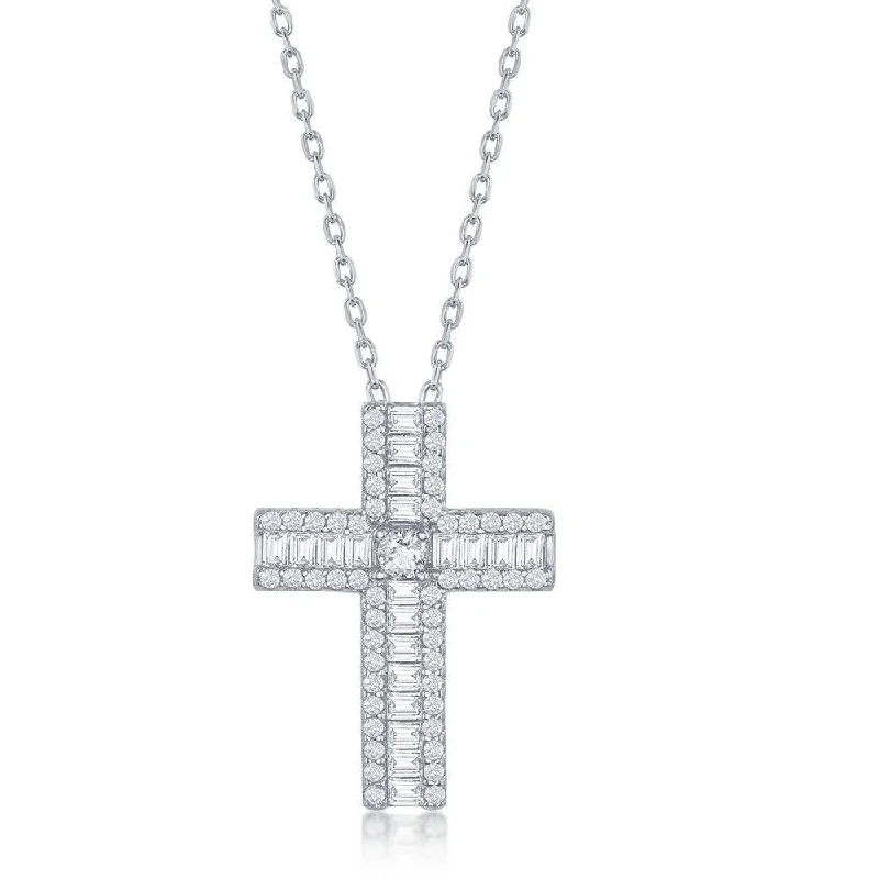 Ladies necklaces diamond pendants-Sterling Silver Baguette Cubic Zirconia Cross Necklace