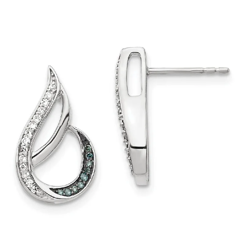 Ladies earrings elegant styles-Blue & White Diamond Tear Rhodium Plated Sterling Silver Post Earrings