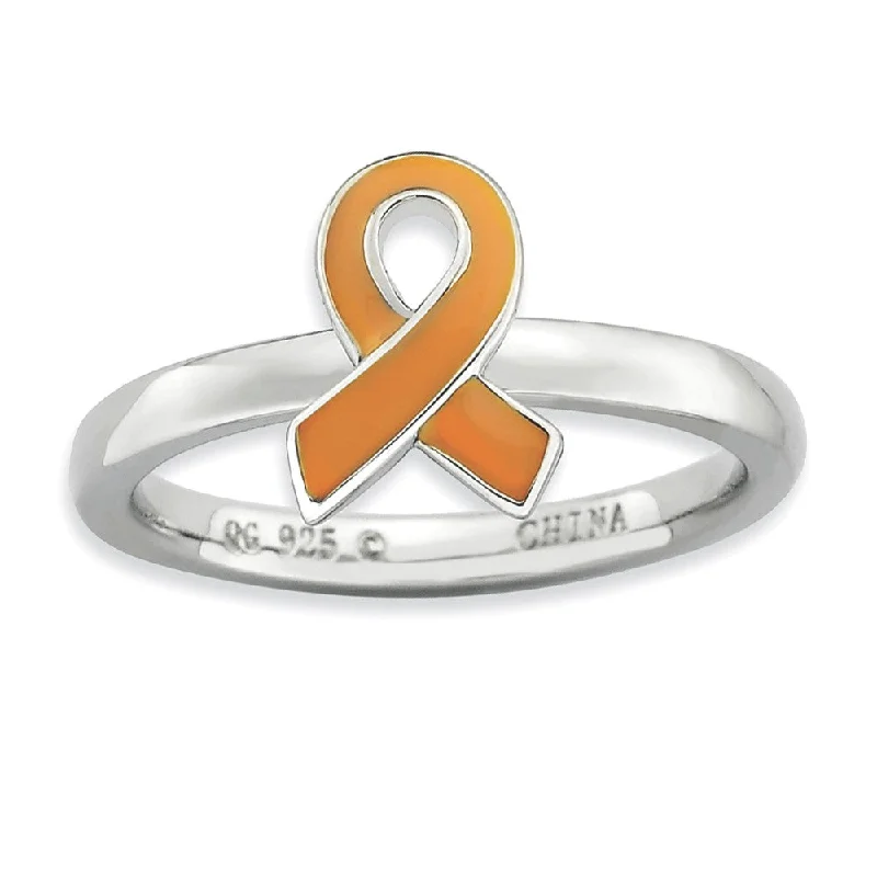 Ladies ring price range-Silver Stackable Orange Enamel Awareness Ribbon Ring