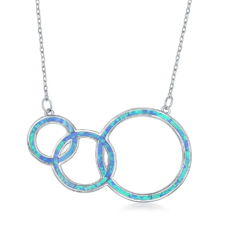 Ladies necklaces modern flair-Sterling Silver Blue Opal Triple Open Circle Necklace