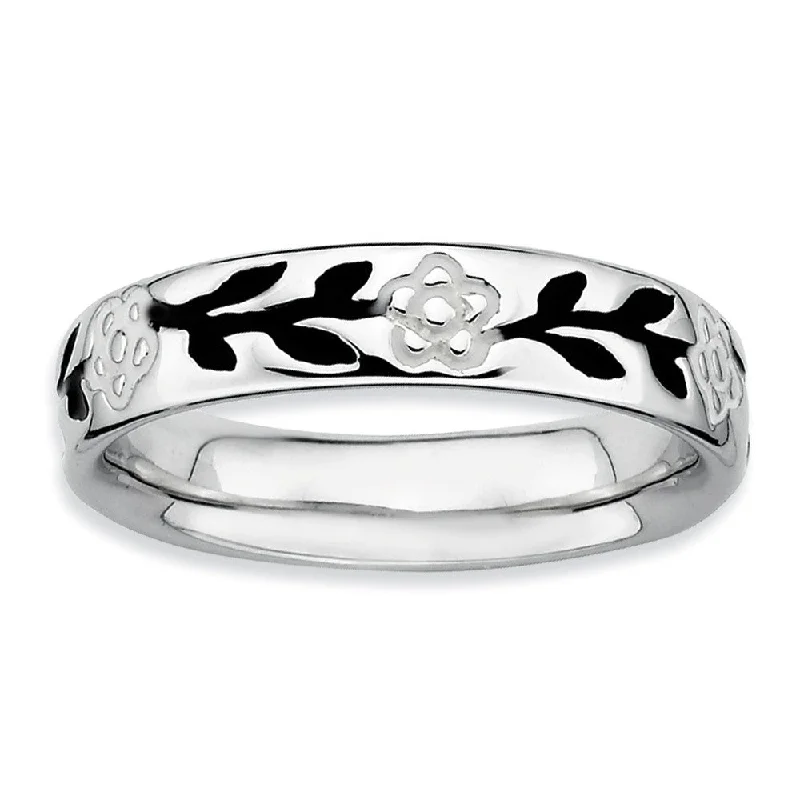 Ladies ring hypoallergenic-Sterling Silver, Black and White Enameled Stackable Full Flower Band