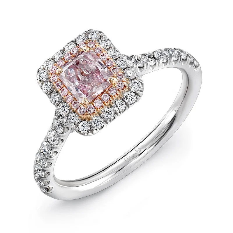 Ladies engagement rings halo settings-Uneek Radiant-Cut Pink Diamond Engagement Ring with Pink Diamond Inner Halo and White Diamond Outer Halo