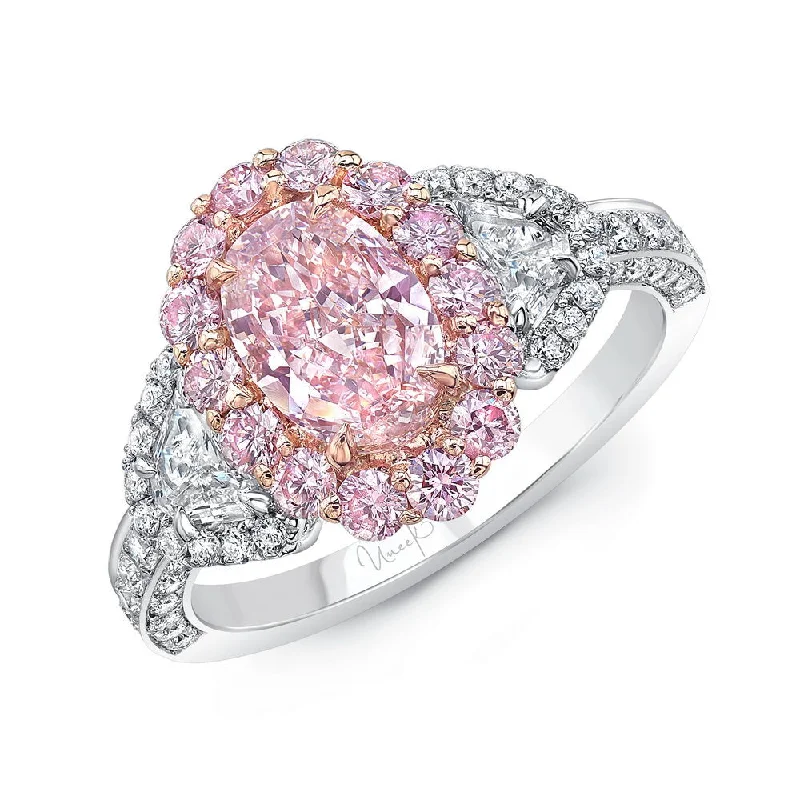 Ladies engagement rings high-end choices-Uneek Oval Light Pink Diamond Engagement Ring SI2 GIA Certified with Pink Purple Diamonds, White Round and Half Moon Shaped Diamonds Side Stones