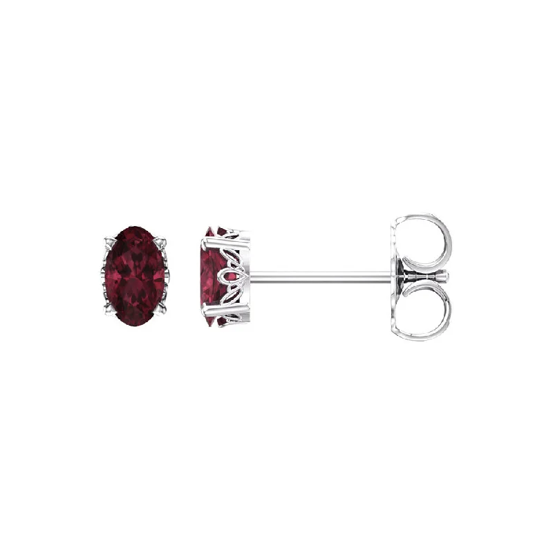 Ladies earrings designer brands-Faceted Oval Mozambique Garnet Stud Earrings in 14k White Gold