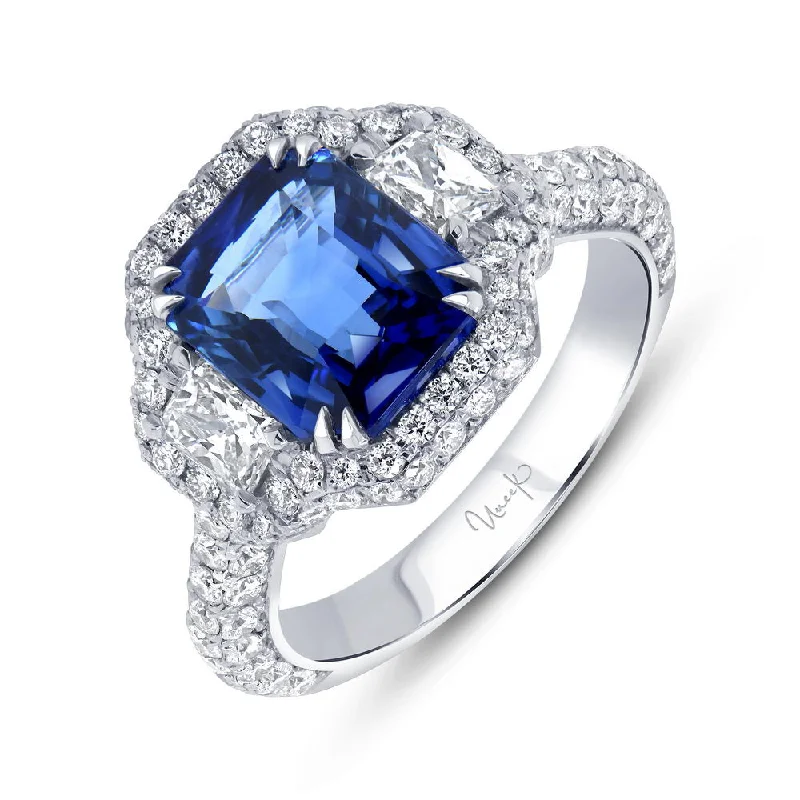 Ladies engagement rings high-end choices-Uneek Precious Collection 3-Stone-Halo Emerald Cut Blue Sapphire Engagement Ring