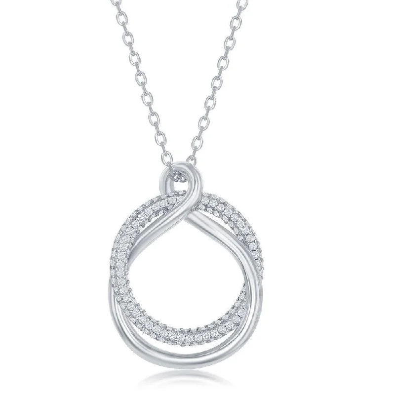 Ladies necklaces gold-plated-Sterling Silver Micro Pave Circle and High Polish Twist Necklace