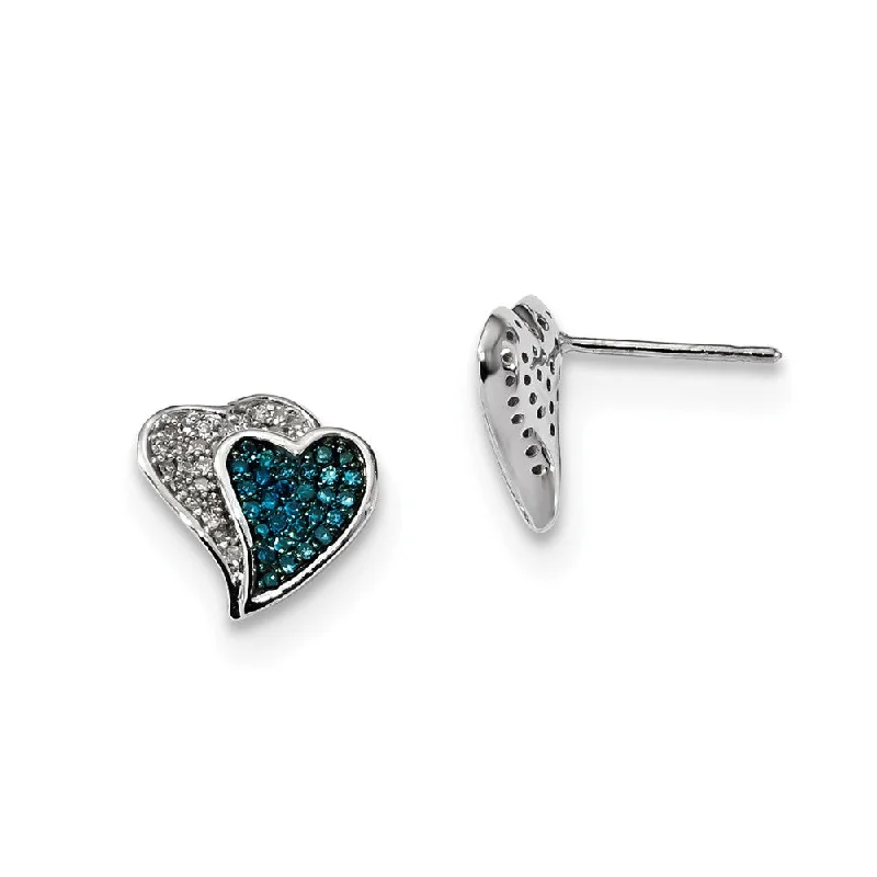 Ladies earrings affordable picks-Blue & White Diamond 10mm Double Heart Sterling Silver Post Earrings