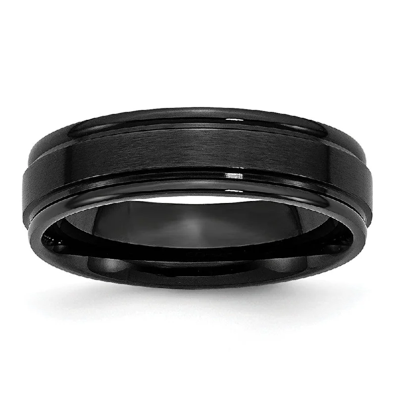 Ladies ring index finger-6mm Black Plated Stainless Steel Brushed Center Grooved Edges Band