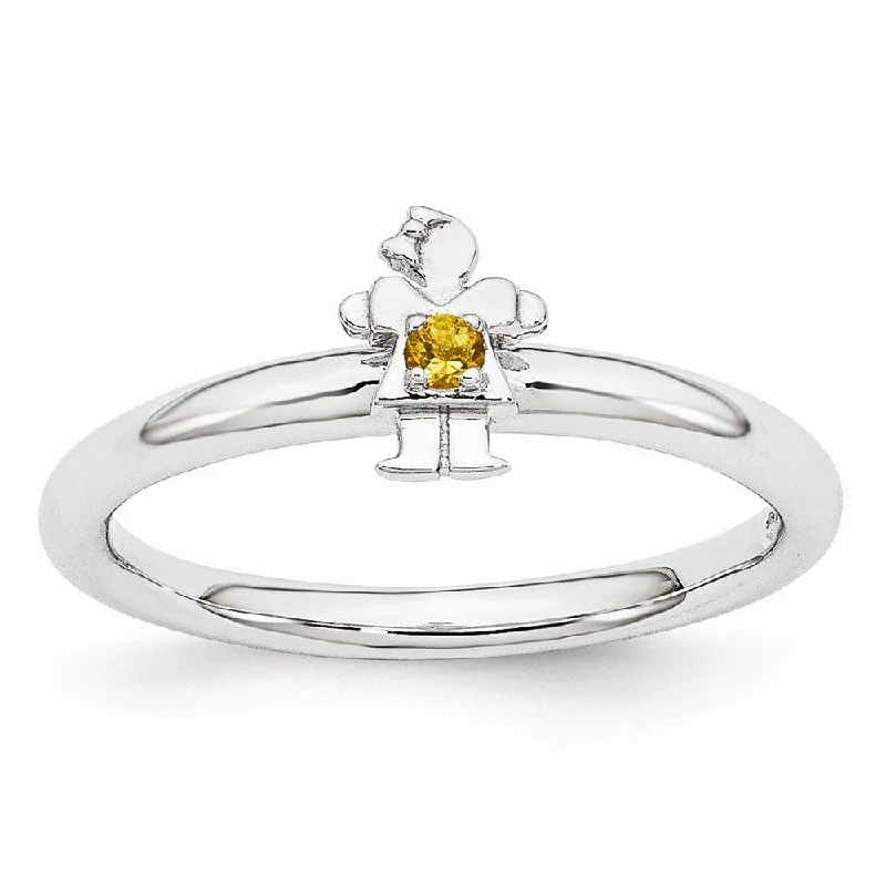 Ladies ring famous brands-Rhodium Plated Sterling Silver Stackable Citrine 7mm Girl Ring