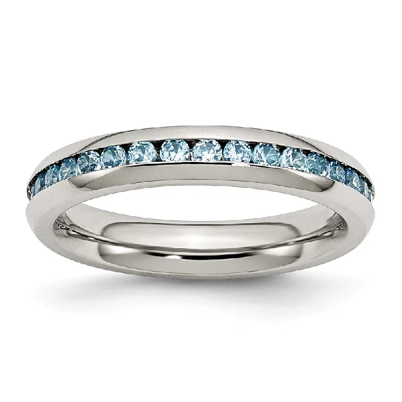 Ladies ring worldwide trends-4mm Stainless Steel And Teal Cubic Zirconia Stackable Band