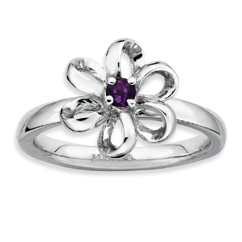 Ladies ring sister sets-Sterling Silver Stackable Amethyst Flower Ring