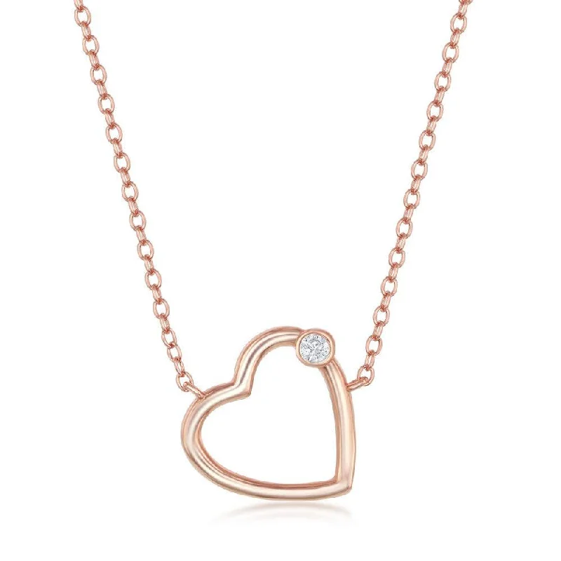 Ladies necklaces star charms-Sterling Silver Rose Gold Plated Heart with Single CZ Necklace