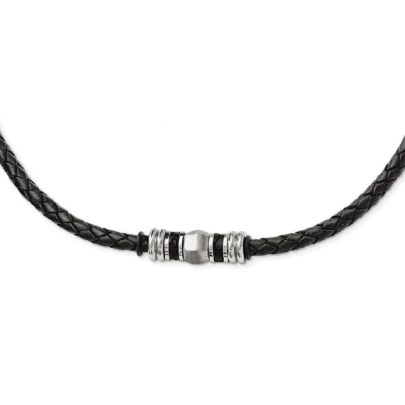 Ladies necklaces ruby gems-Stainless Steel Polished and Brushed Black Leather & Rubber Necklace