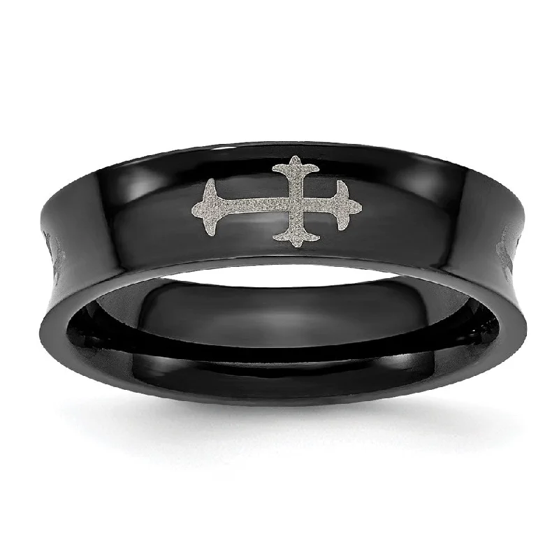 Ladies ring engraved names-6mm Stainless Steel Black Plated & Polished Cross Concaved Band