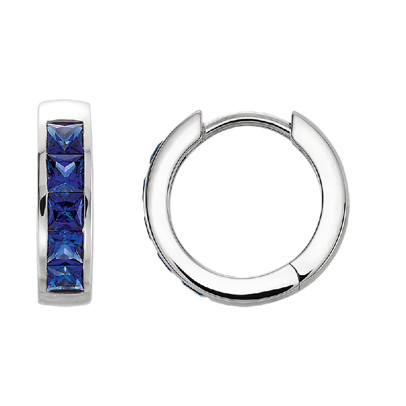 Ladies earrings vintage charm-14k White Gold Created Blue Sapphire Hinged Round Hoop Earrings, 14mm