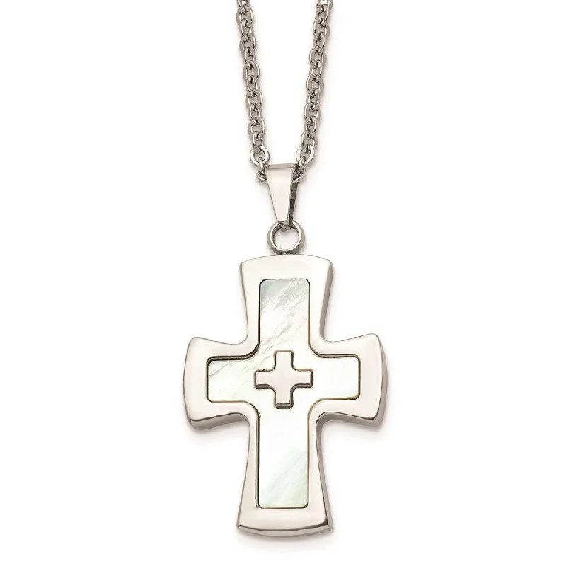 Ladies necklaces sister sets-Stainless Steel Polished Mother Of Pearl Cross Necklace